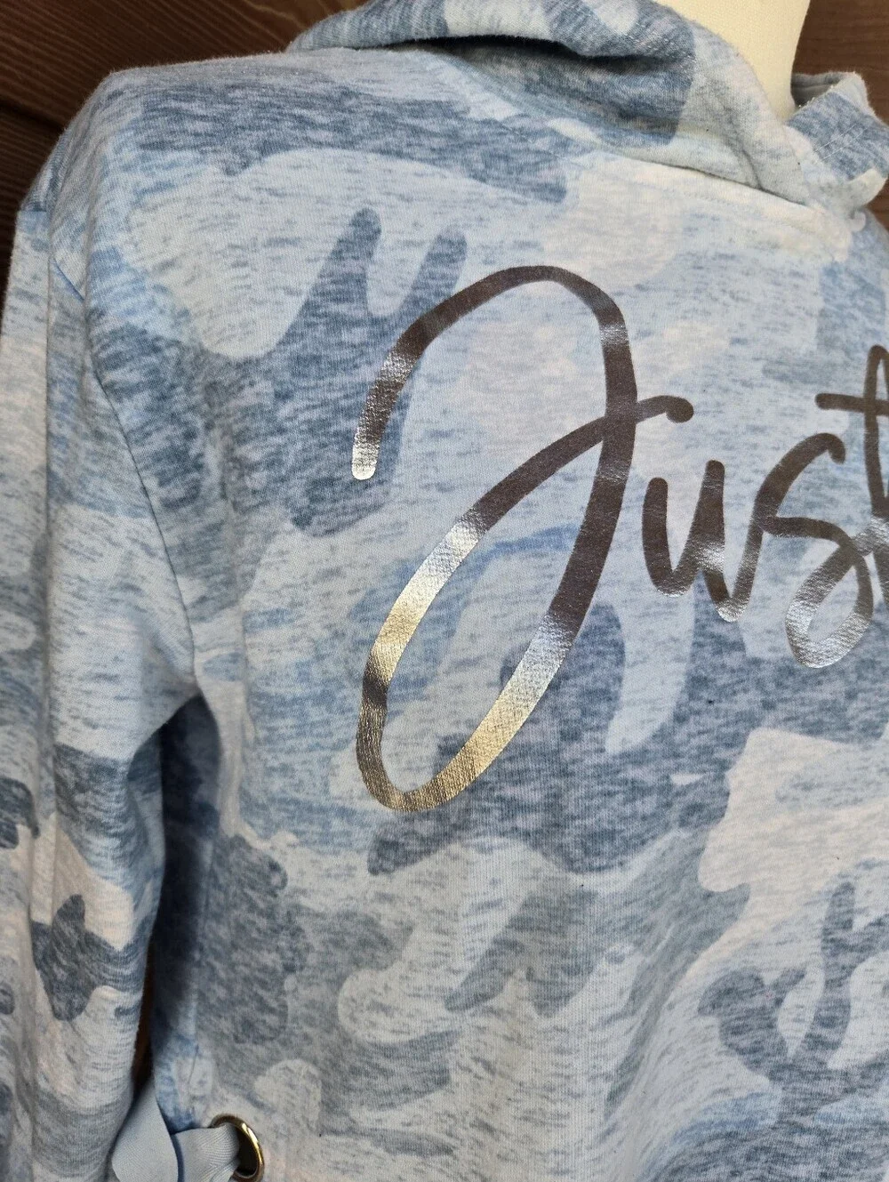 Justice Girls Blue Camo Cropped Hooded Sweatshirt with Silver Foil Chest Logo